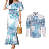 Aotearoa Maori Koru Curves Couples Matching Mermaid Dress and Long Sleeve Button Shirt Aqua Paua Shell