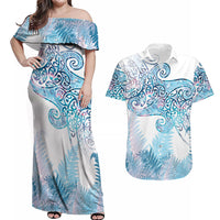 Aotearoa Maori Koru Curves Couples Matching Off Shoulder Maxi Dress and Hawaiian Shirt Aqua Paua Shell
