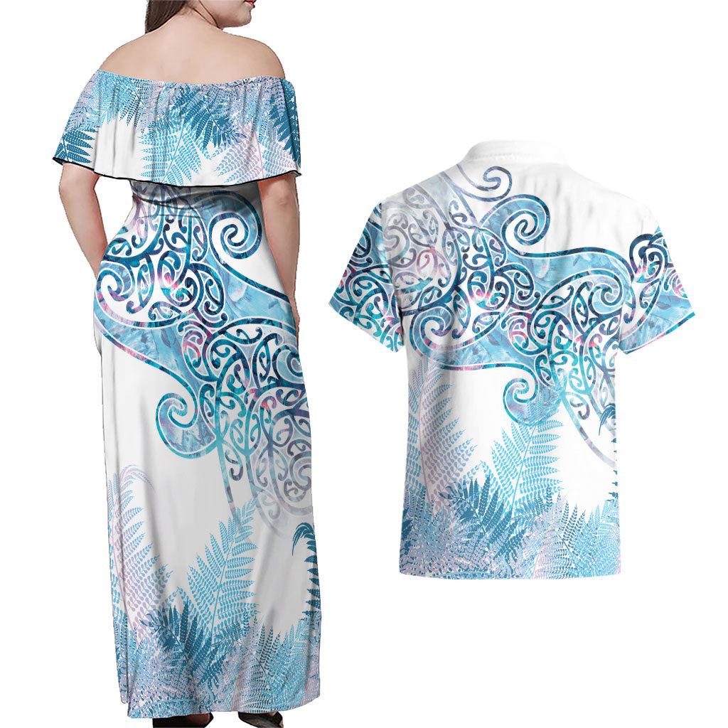 Aotearoa Maori Koru Curves Couples Matching Off Shoulder Maxi Dress and Hawaiian Shirt Aqua Paua Shell