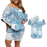 Aotearoa Maori Koru Curves Couples Matching Off Shoulder Short Dress and Hawaiian Shirt Aqua Paua Shell LT7 Blue - Polynesian Pride