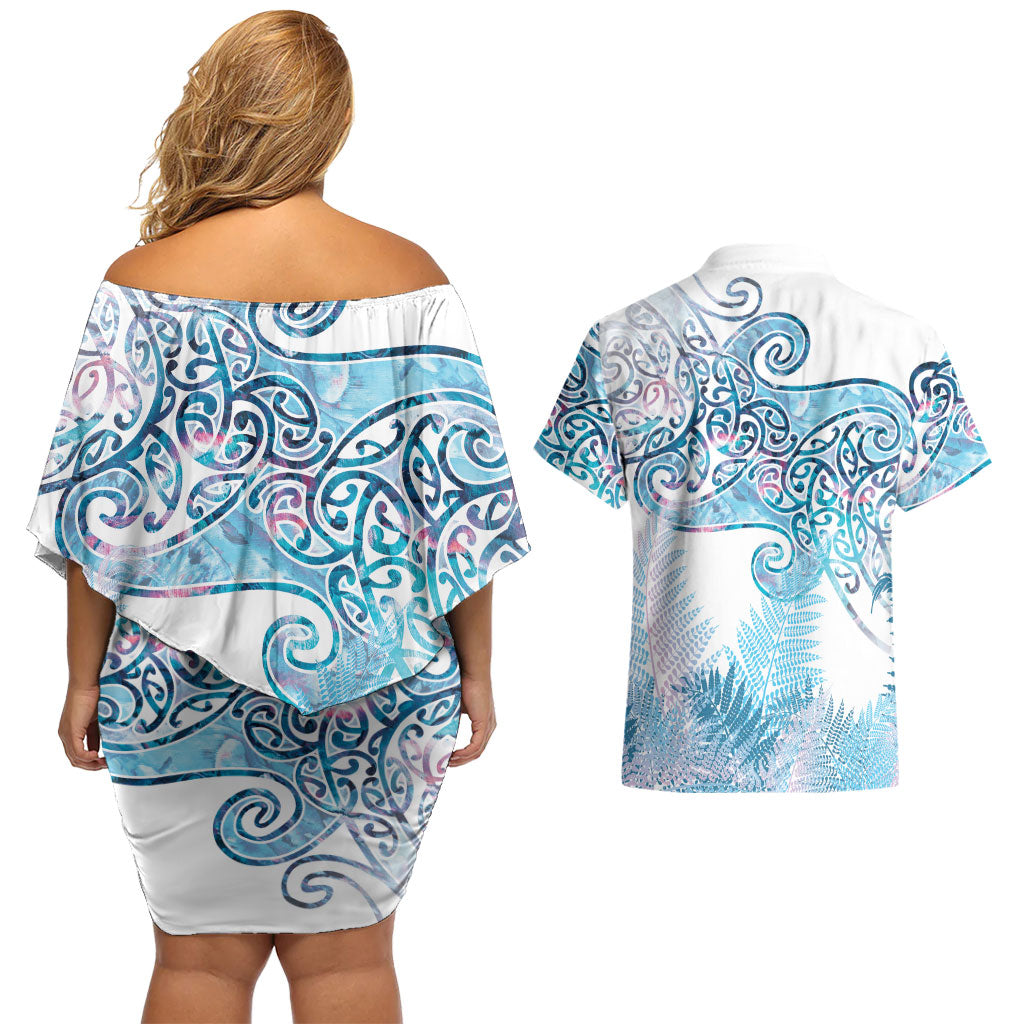 Aotearoa Maori Koru Curves Couples Matching Off Shoulder Short Dress and Hawaiian Shirt Aqua Paua Shell LT7 - Polynesian Pride