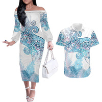Aotearoa Maori Koru Curves Couples Matching Off The Shoulder Long Sleeve Dress and Hawaiian Shirt Aqua Paua Shell