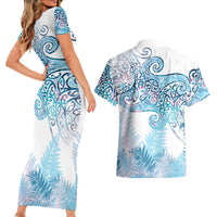 Aotearoa Maori Koru Curves Couples Matching Short Sleeve Bodycon Dress and Hawaiian Shirt Aqua Paua Shell