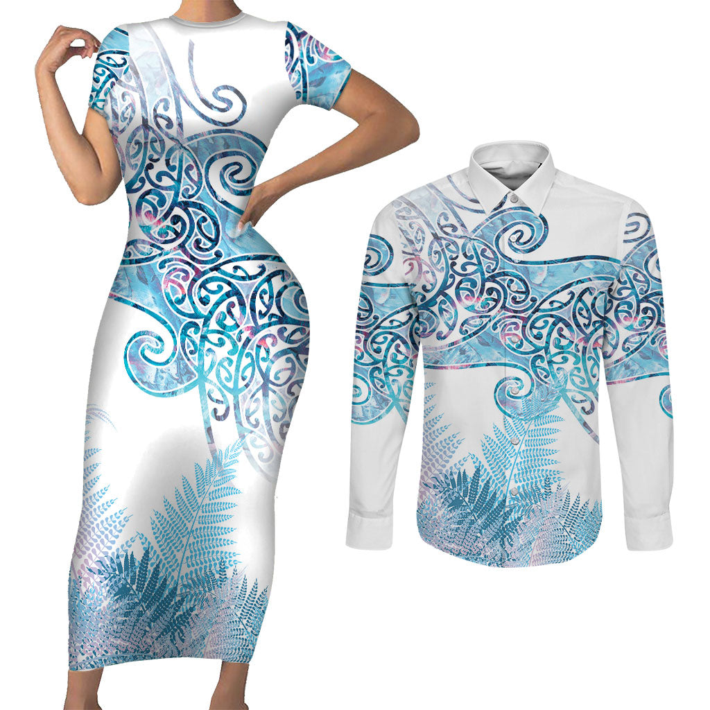Aotearoa Maori Koru Curves Couples Matching Short Sleeve Bodycon Dress and Long Sleeve Button Shirt Aqua Paua Shell LT7 Blue - Polynesian Pride