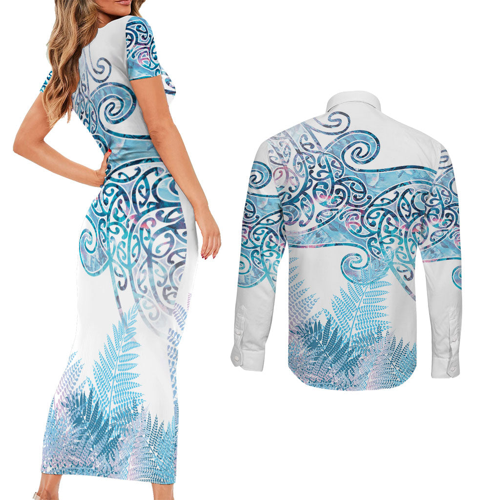 Aotearoa Maori Koru Curves Couples Matching Short Sleeve Bodycon Dress and Long Sleeve Button Shirt Aqua Paua Shell LT7 - Polynesian Pride