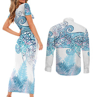 Aotearoa Maori Koru Curves Couples Matching Short Sleeve Bodycon Dress and Long Sleeve Button Shirt Aqua Paua Shell LT7 - Polynesian Pride