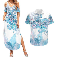 Aotearoa Maori Koru Curves Couples Matching Summer Maxi Dress and Hawaiian Shirt Aqua Paua Shell