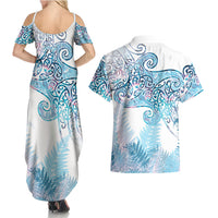 Aotearoa Maori Koru Curves Couples Matching Summer Maxi Dress and Hawaiian Shirt Aqua Paua Shell
