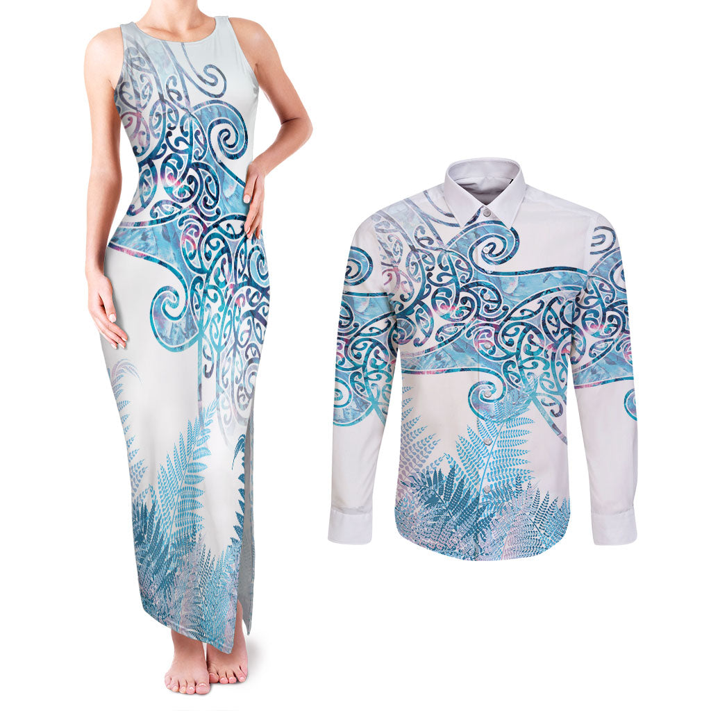 Aotearoa Maori Koru Curves Couples Matching Tank Maxi Dress and Long Sleeve Button Shirt Aqua Paua Shell