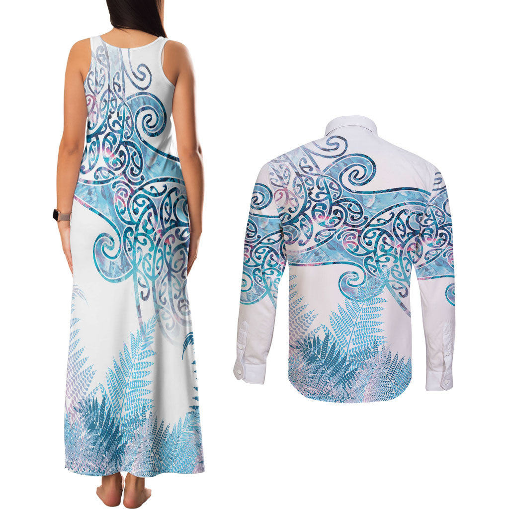 Aotearoa Maori Koru Curves Couples Matching Tank Maxi Dress and Long Sleeve Button Shirt Aqua Paua Shell