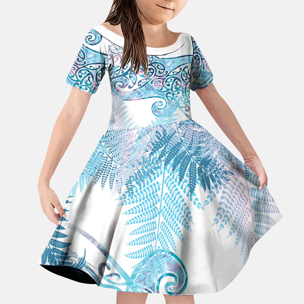 Aotearoa Maori Koru Curves Family Matching Long Sleeve Bodycon Dress and Hawaiian Shirt Aqua Paua Shell LT7 Daughter's Dress Blue - Polynesian Pride