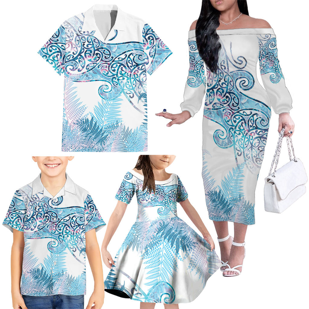 Aotearoa Maori Koru Curves Family Matching Off The Shoulder Long Sleeve Dress and Hawaiian Shirt Aqua Paua Shell