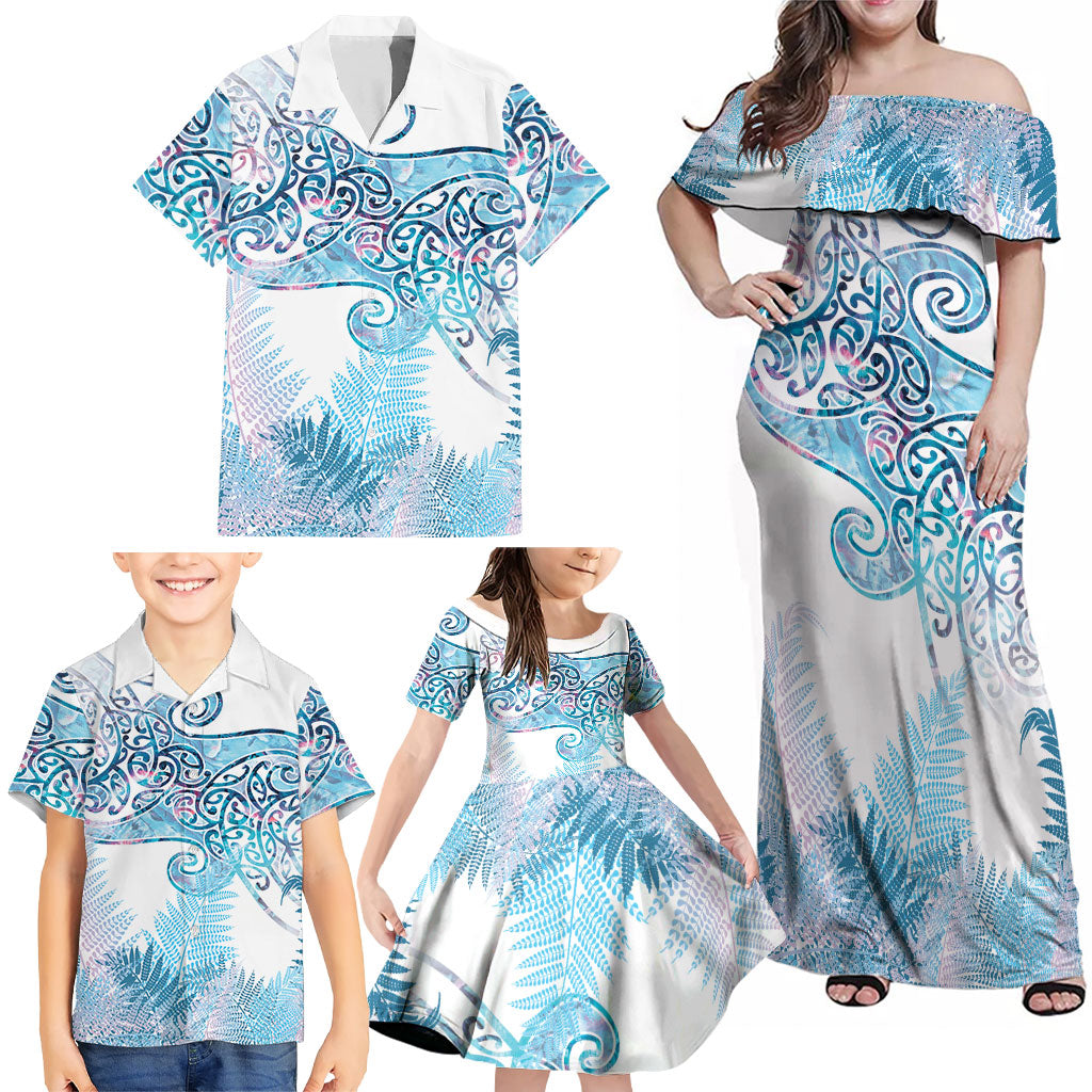 Aotearoa Maori Koru Curves Family Matching Off Shoulder Maxi Dress and Hawaiian Shirt Aqua Paua Shell