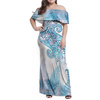 Aotearoa Maori Koru Curves Family Matching Off Shoulder Maxi Dress and Hawaiian Shirt Aqua Paua Shell