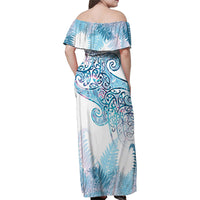 Aotearoa Maori Koru Curves Family Matching Off Shoulder Maxi Dress and Hawaiian Shirt Aqua Paua Shell
