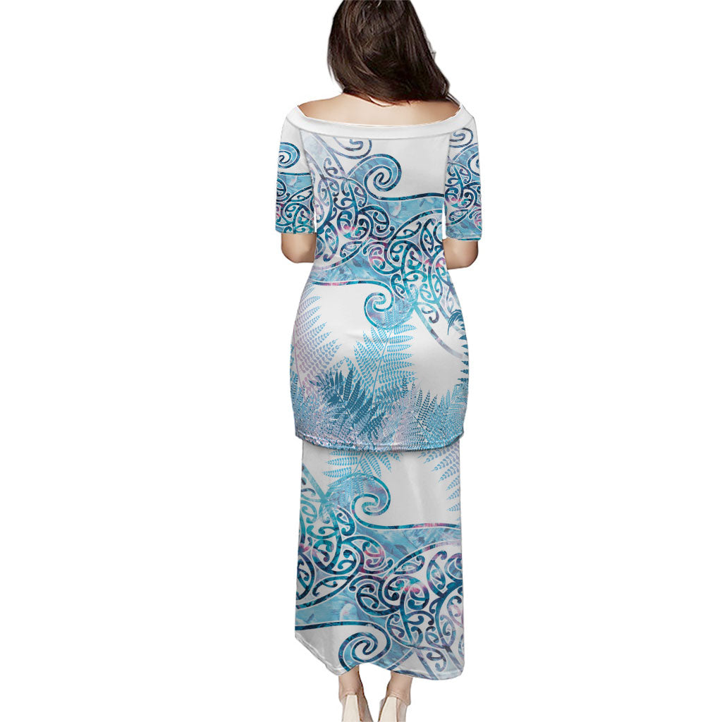 Aotearoa Maori Koru Curves Family Matching Puletasi and Hawaiian Shirt Aqua Paua Shell