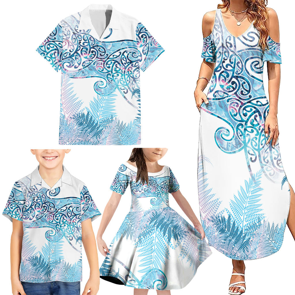 Aotearoa Maori Koru Curves Family Matching Summer Maxi Dress and Hawaiian Shirt Aqua Paua Shell