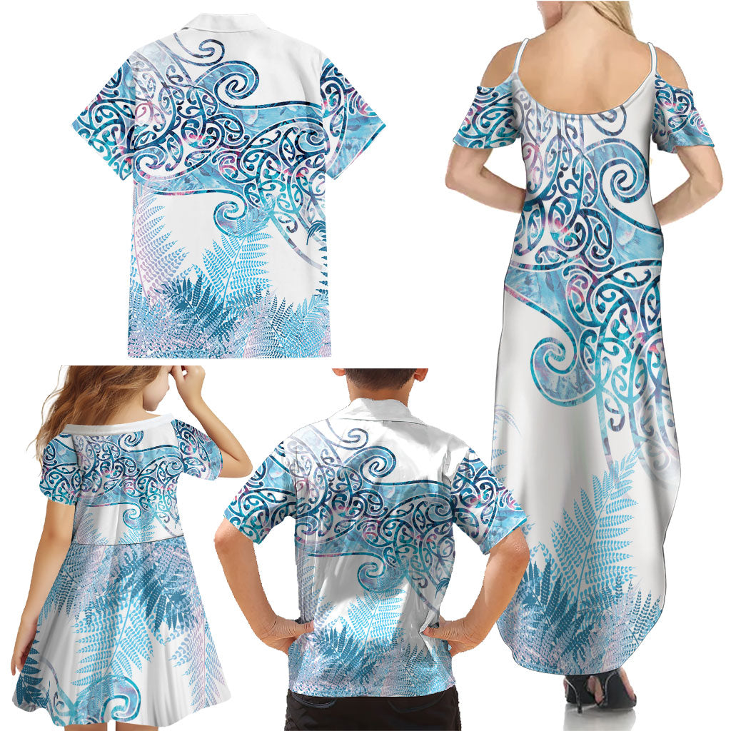 Aotearoa Maori Koru Curves Family Matching Summer Maxi Dress and Hawaiian Shirt Aqua Paua Shell