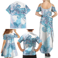 Aotearoa Maori Koru Curves Family Matching Summer Maxi Dress and Hawaiian Shirt Aqua Paua Shell