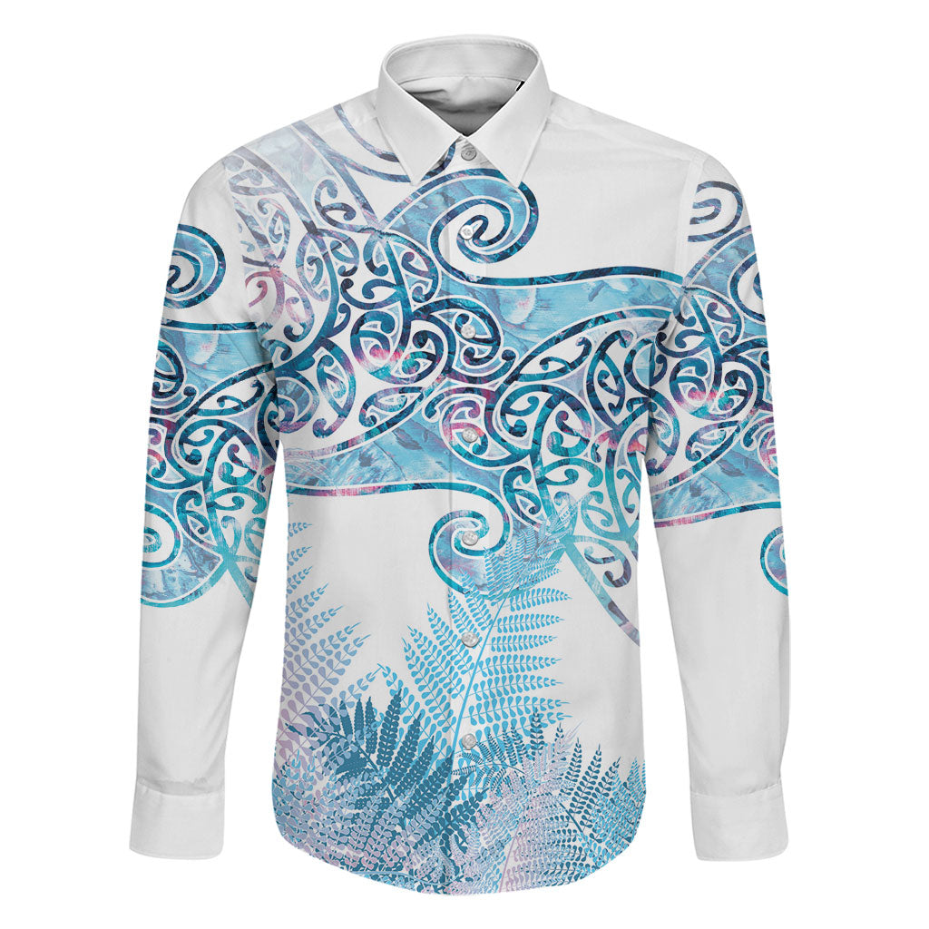Aotearoa Maori Koru Curves Family Matching Tank Maxi Dress and Hawaiian Shirt Aqua Paua Shell LT7 Dad's Shirt - Long Sleeve Blue - Polynesian Pride