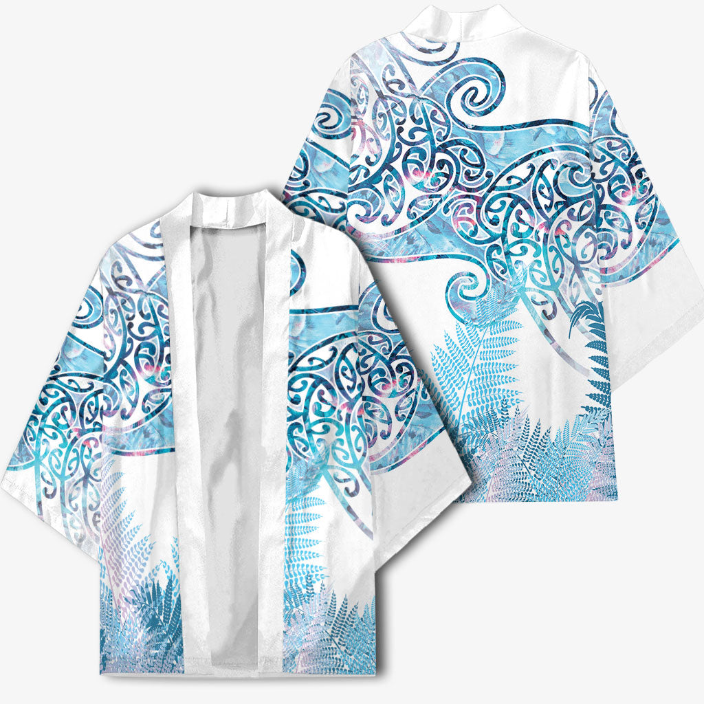 Aotearoa Maori Koru Curves Kimono Aqua Paua Shell