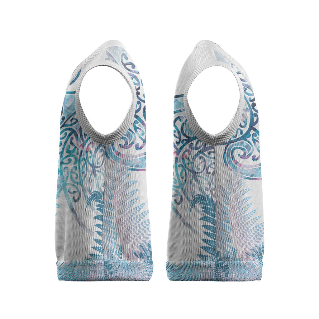 Aotearoa Maori Koru Curves Christmas Knitted V-Neck Vest Aqua Paua Shell LT7 - Polynesian Pride