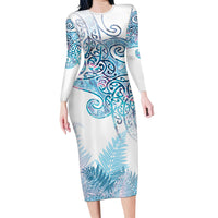 Aotearoa Maori Koru Curves Long Sleeve Bodycon Dress Aqua Paua Shell