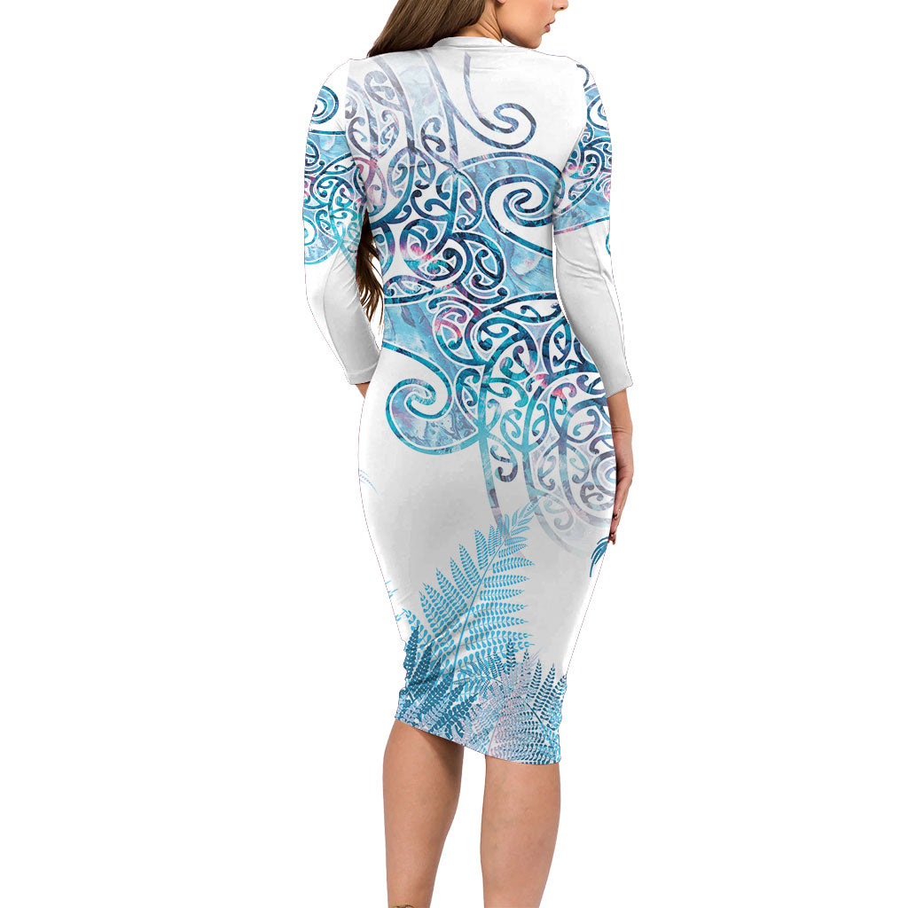Aotearoa Maori Koru Curves Long Sleeve Bodycon Dress Aqua Paua Shell