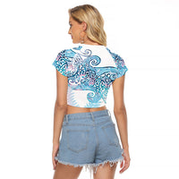 Aotearoa Maori Koru Curves Raglan Cropped T Shirt Aqua Paua Shell