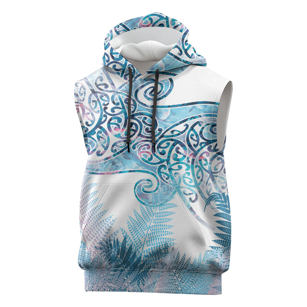 Aotearoa Maori Koru Curves Sleeveless Hoodie Aqua Paua Shell
