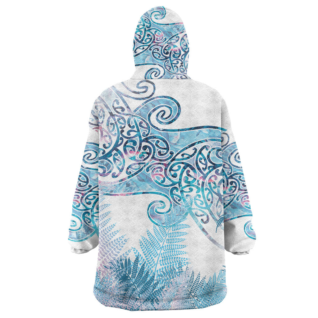 Aotearoa Maori Koru Curves Wearable Blanket Hoodie Aqua Paua Shell