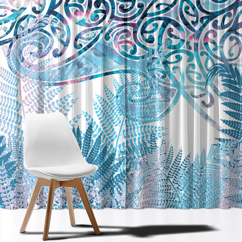 Aotearoa Maori Koru Curves Window Curtain Aqua Paua Shell