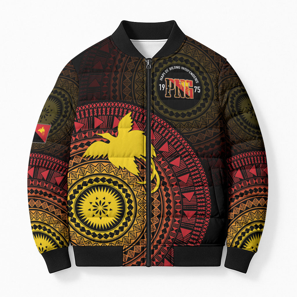 Papua New Guinea Independence Personalized Bomber Puffer Jacket Tapa Circle LT7 Unisex Black - Polynesian Pride