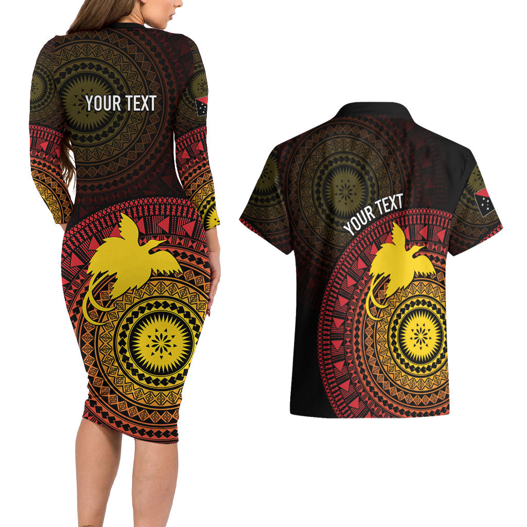 Papua New Guinea Independence Personalized Couples Matching Long Sleeve Bodycon Dress and Hawaiian Shirt Tapa Circle