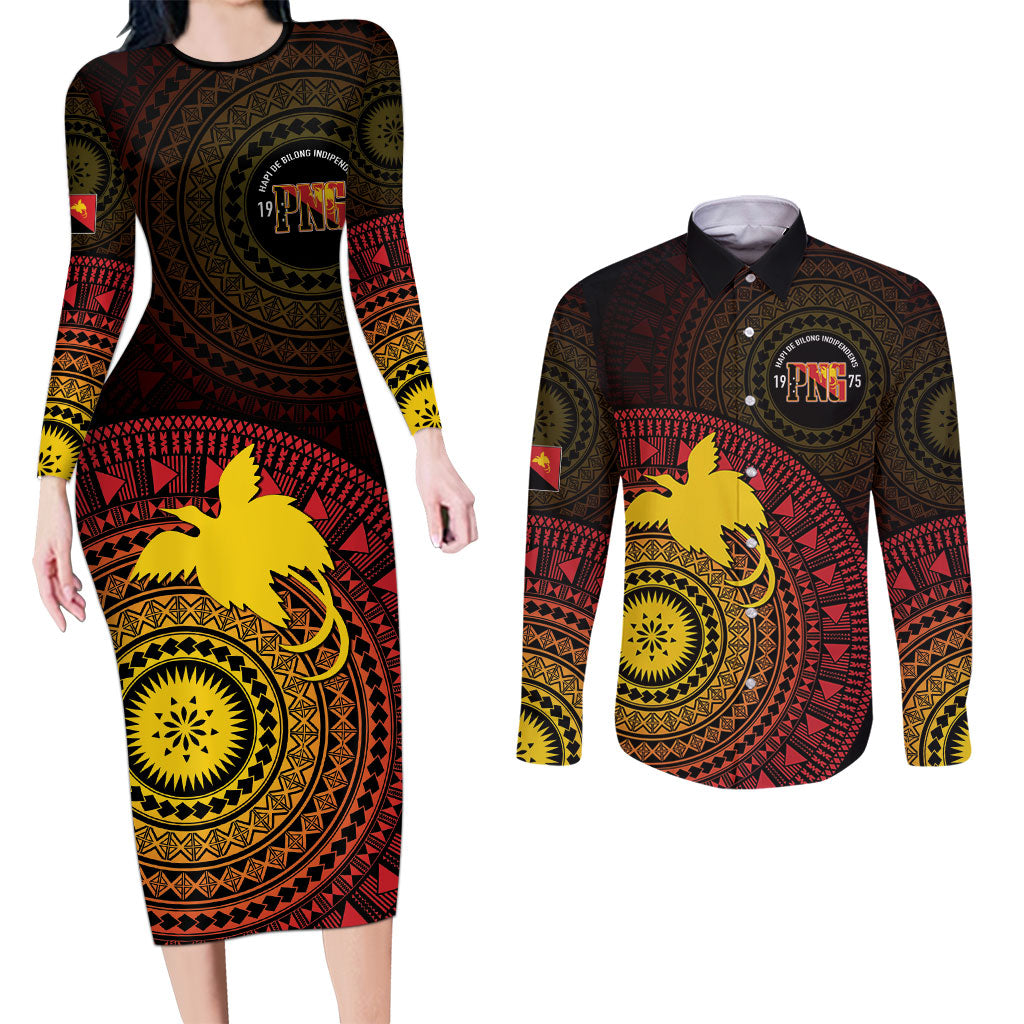 Papua New Guinea Independence Personalized Couples Matching Long Sleeve Bodycon Dress and Long Sleeve Button Shirt Tapa Circle LT7 Black - Polynesian Pride
