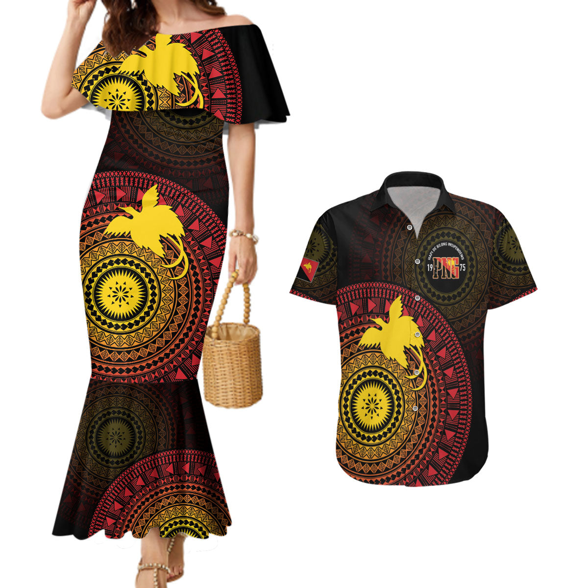 Papua New Guinea Independence Personalized Couples Matching Mermaid Dress and Hawaiian Shirt Tapa Circle LT7 Black - Polynesian Pride