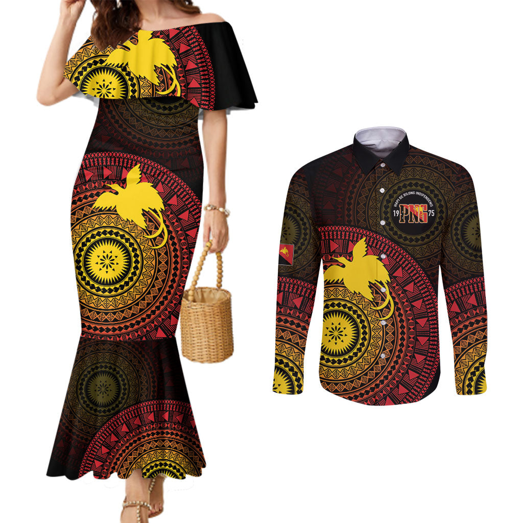 Papua New Guinea Independence Personalized Couples Matching Mermaid Dress and Long Sleeve Button Shirt Tapa Circle LT7 Black - Polynesian Pride