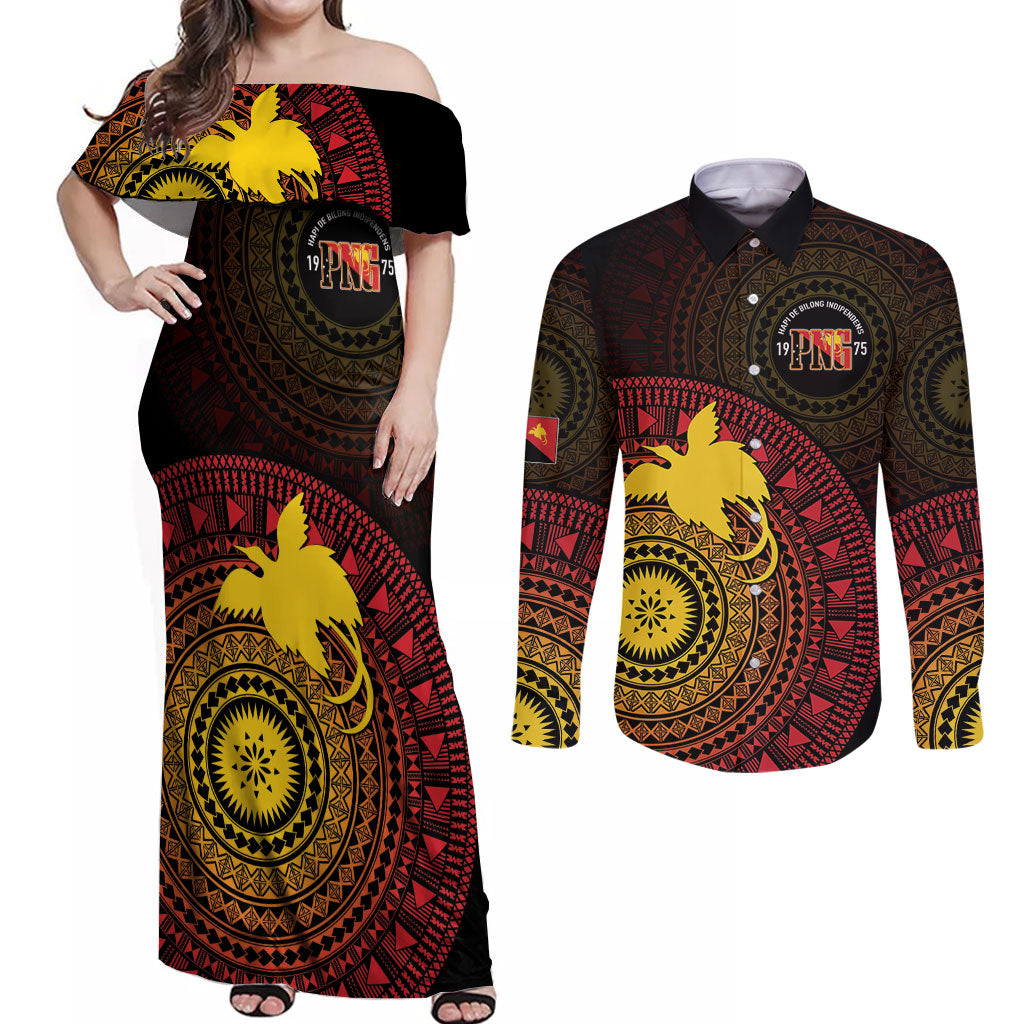 Papua New Guinea Independence Personalized Couples Matching Off Shoulder Maxi Dress and Long Sleeve Button Shirt Tapa Circle LT7 Black - Polynesian Pride
