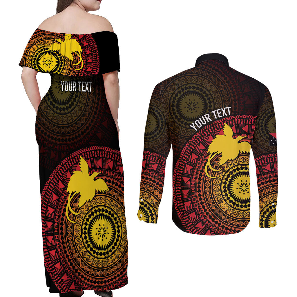 Papua New Guinea Independence Personalized Couples Matching Off Shoulder Maxi Dress and Long Sleeve Button Shirt Tapa Circle