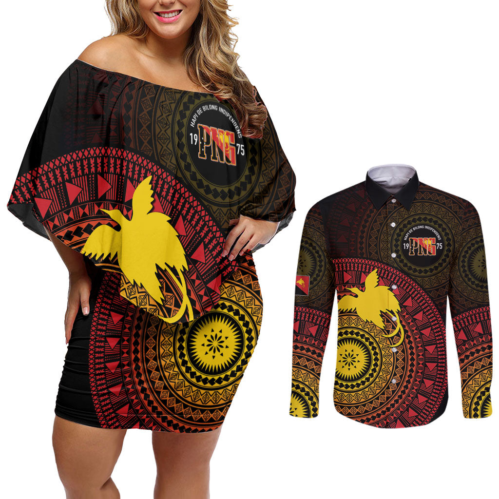 Papua New Guinea Independence Personalized Couples Matching Off Shoulder Short Dress and Long Sleeve Button Shirt Tapa Circle