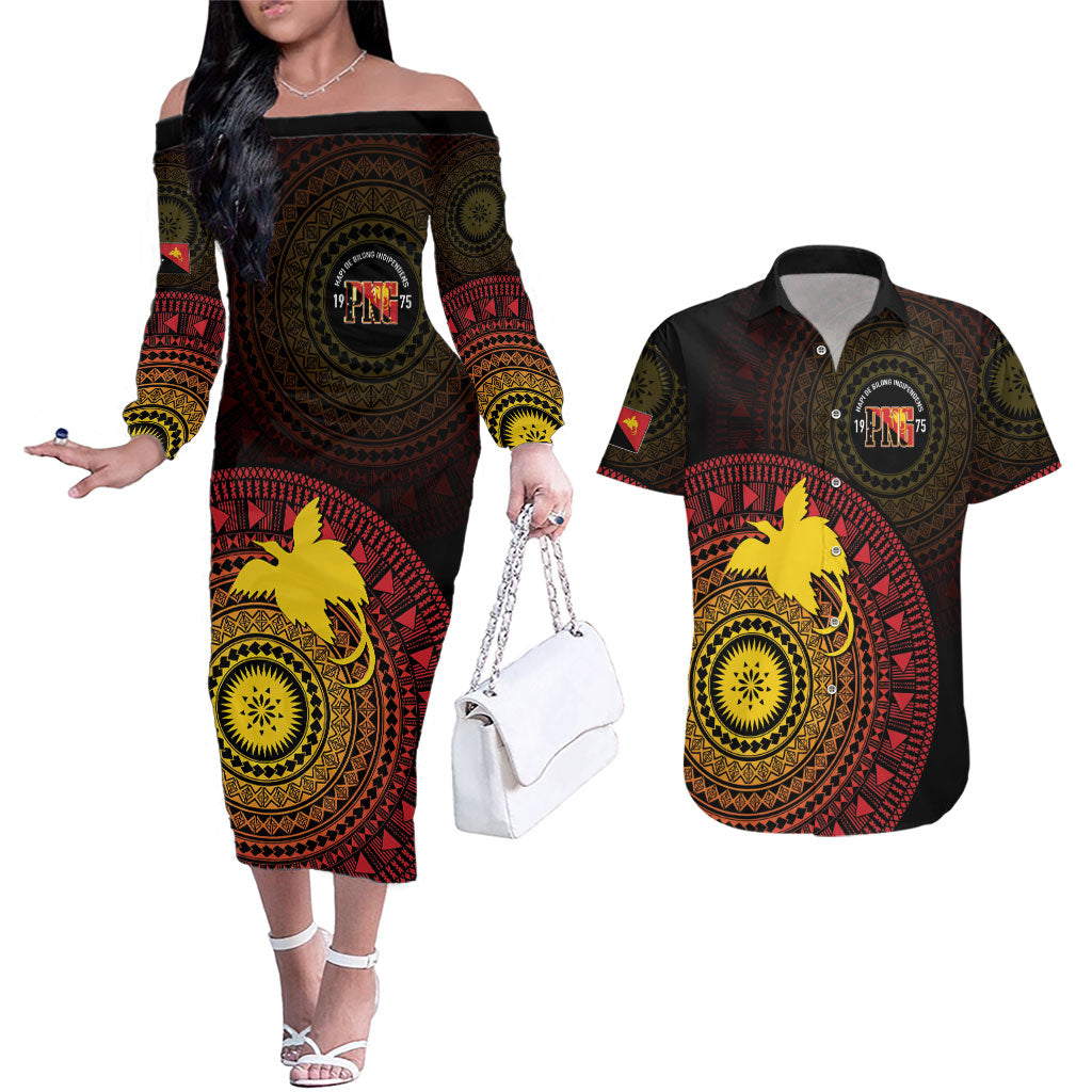 Papua New Guinea Independence Personalized Couples Matching Off The Shoulder Long Sleeve Dress and Hawaiian Shirt Tapa Circle LT7 Black - Polynesian Pride