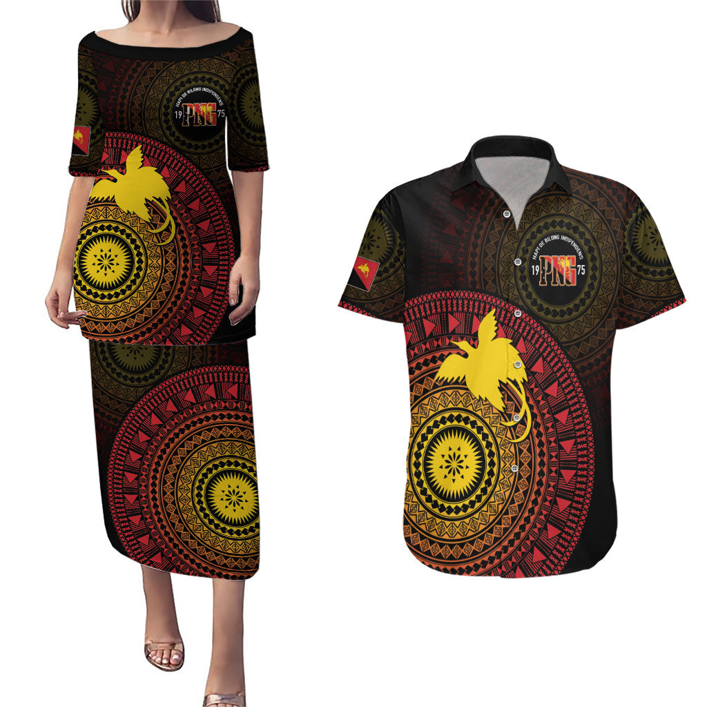 Papua New Guinea Independence Personalized Couples Matching Puletasi and Hawaiian Shirt Tapa Circle LT7 Black - Polynesian Pride