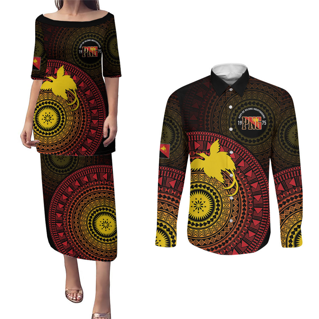 Papua New Guinea Independence Personalized Couples Matching Puletasi and Long Sleeve Button Shirt Tapa Circle LT7 Black - Polynesian Pride
