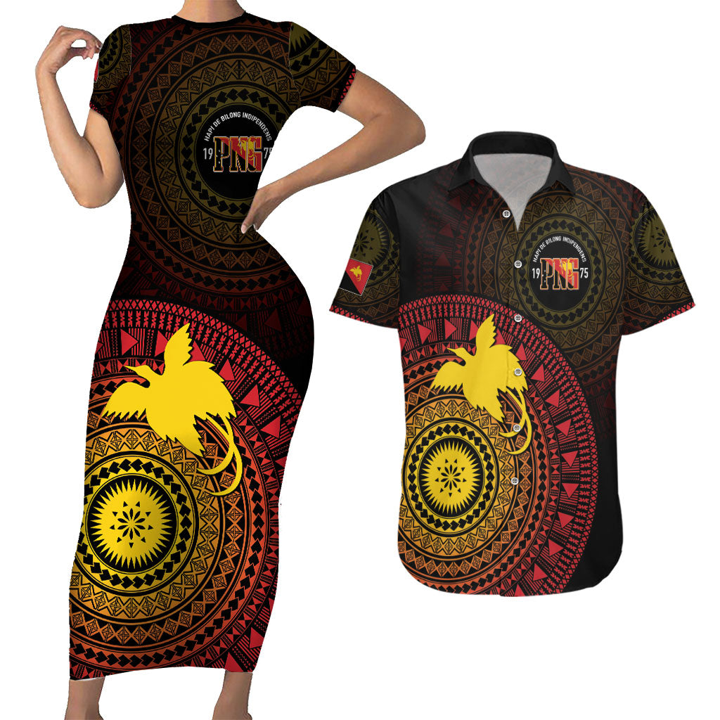 Papua New Guinea Independence Personalized Couples Matching Short Sleeve Bodycon Dress and Hawaiian Shirt Tapa Circle LT7 Black - Polynesian Pride