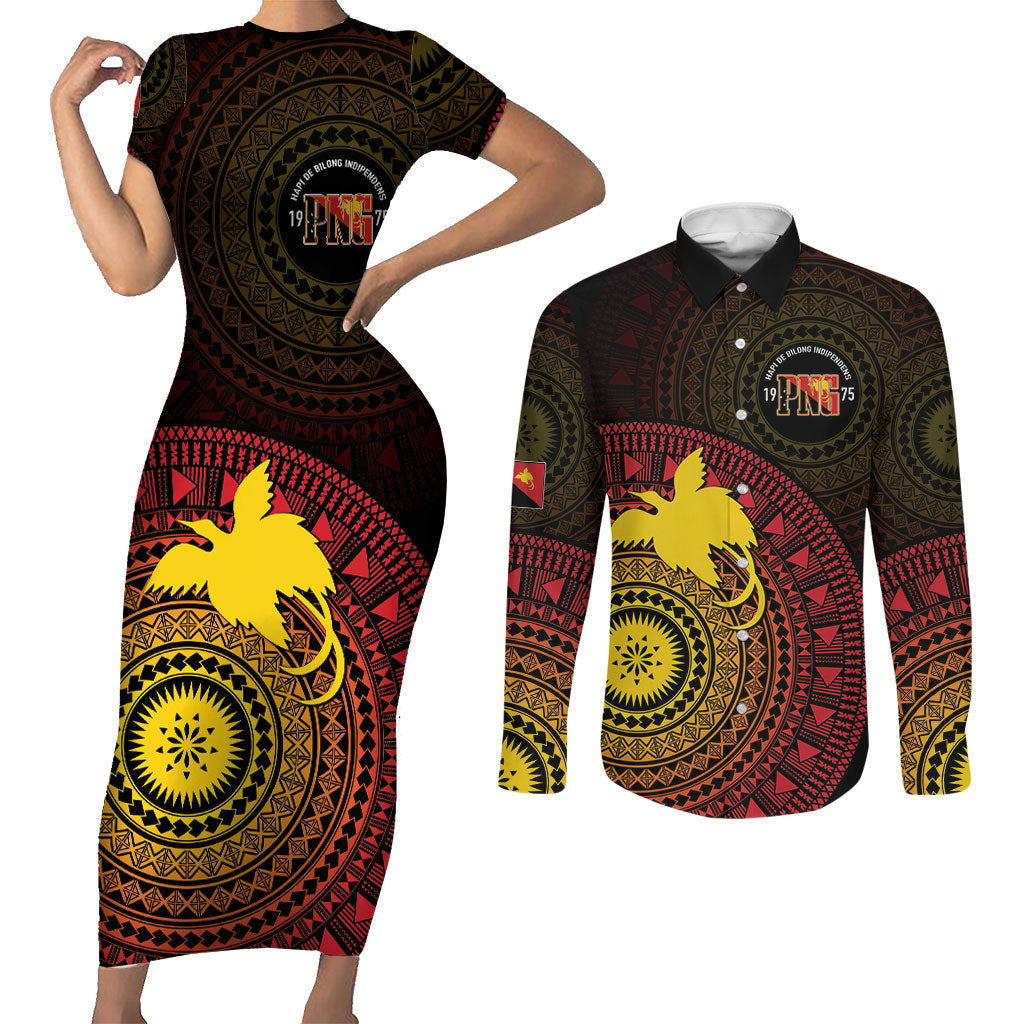 Papua New Guinea Independence Personalized Couples Matching Short Sleeve Bodycon Dress and Long Sleeve Button Shirt Tapa Circle LT7 Black - Polynesian Pride