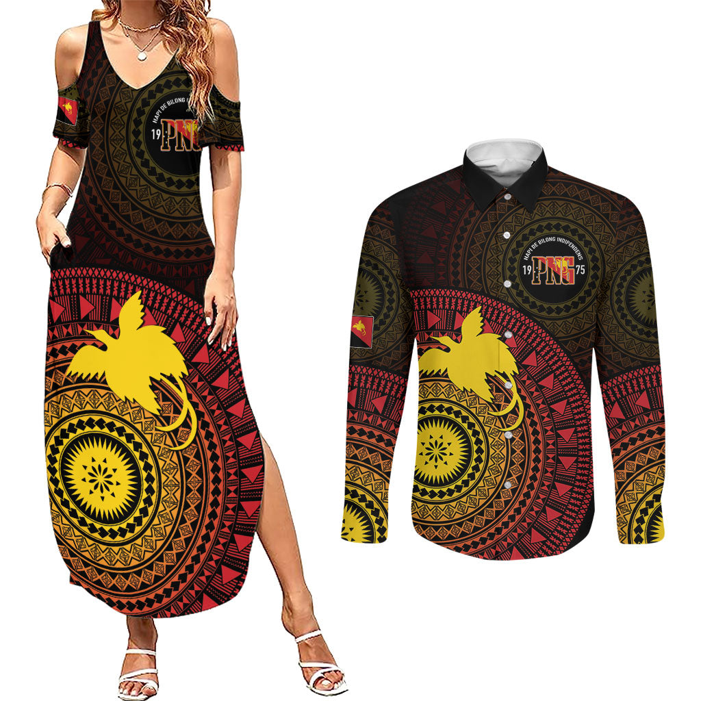 Papua New Guinea Independence Personalized Couples Matching Summer Maxi Dress and Long Sleeve Button Shirt Tapa Circle LT7 Black - Polynesian Pride