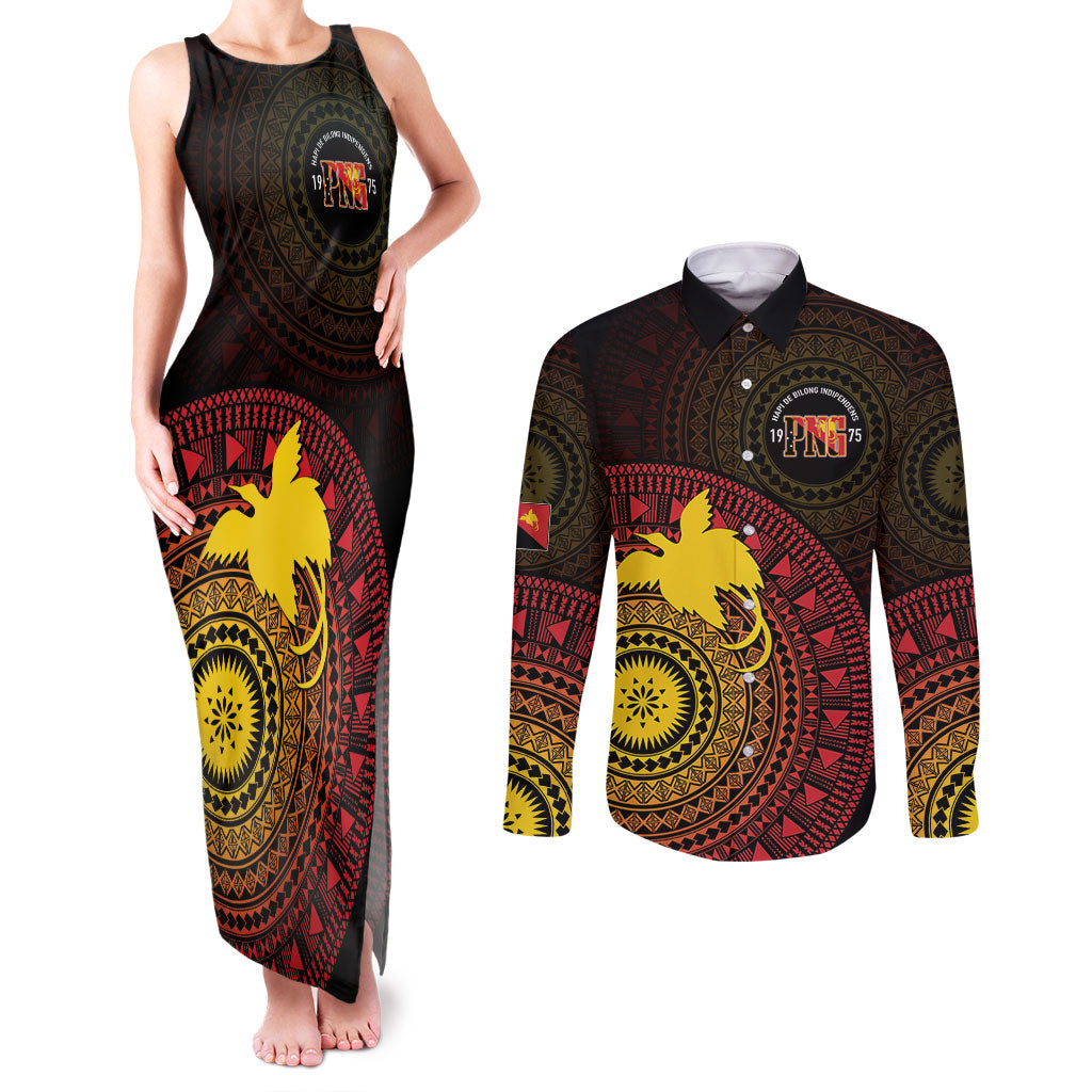 Papua New Guinea Independence Personalized Couples Matching Tank Maxi Dress and Long Sleeve Button Shirt Tapa Circle LT7 Black - Polynesian Pride