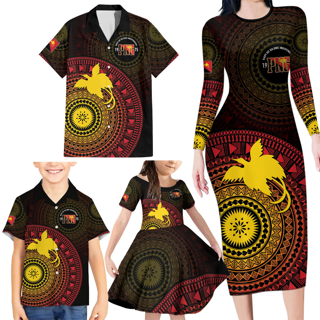 Papua New Guinea Independence Personalized Family Matching Long Sleeve Bodycon Dress and Hawaiian Shirt Tapa Circle