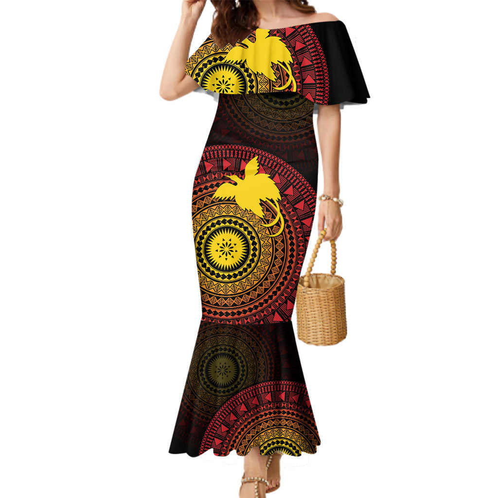Papua New Guinea Independence Personalized Family Matching Mermaid Dress and Hawaiian Shirt Tapa Circle LT7 Mom's Dress Black - Polynesian Pride
