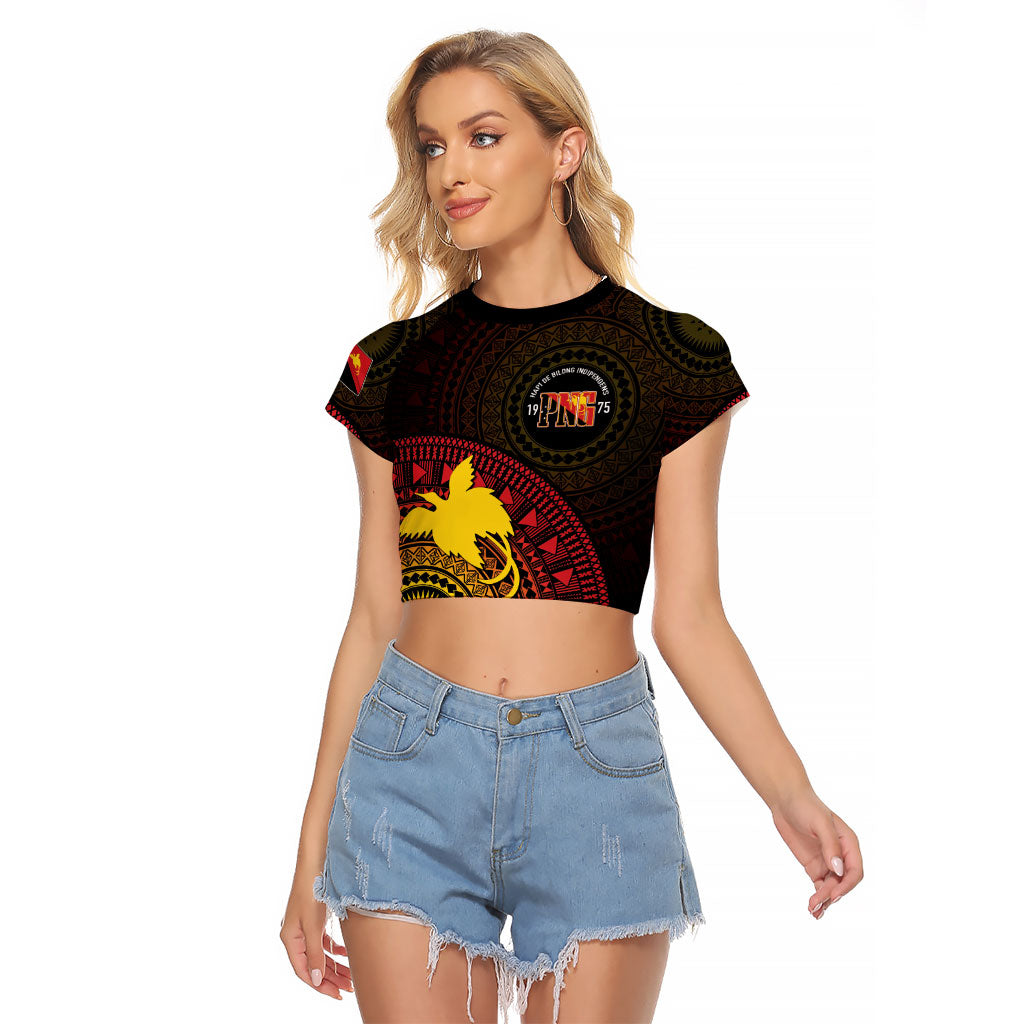 Papua New Guinea Independence Personalized Raglan Cropped T Shirt Tapa Circle LT7 Female Black - Polynesian Pride